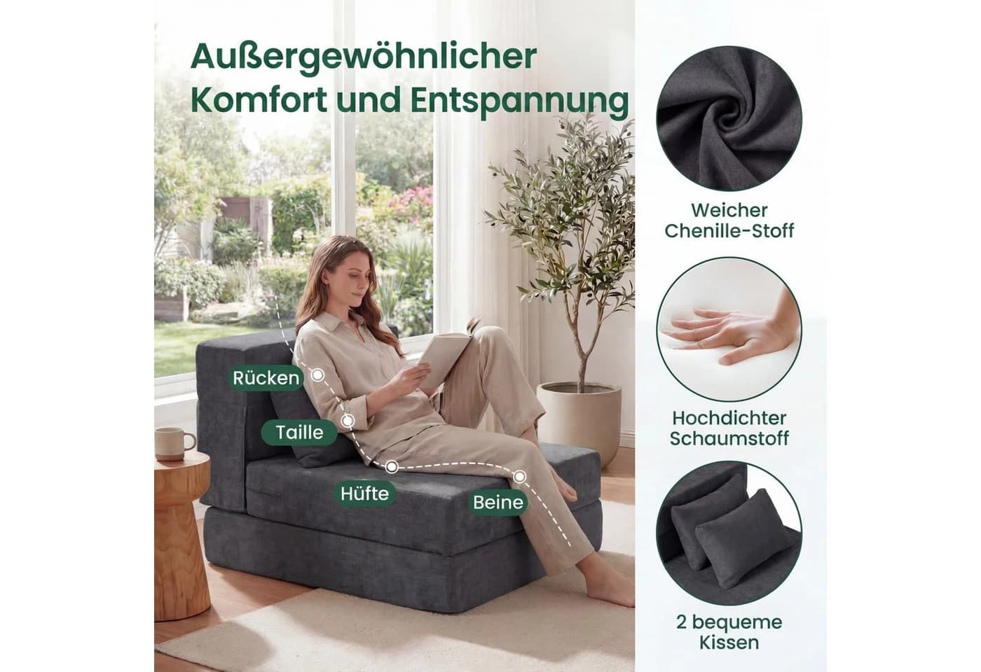 KOMFOTTEU Schlafsofa 3-in-1 Bodensofa Chenille Grau/Beige - Bild 4