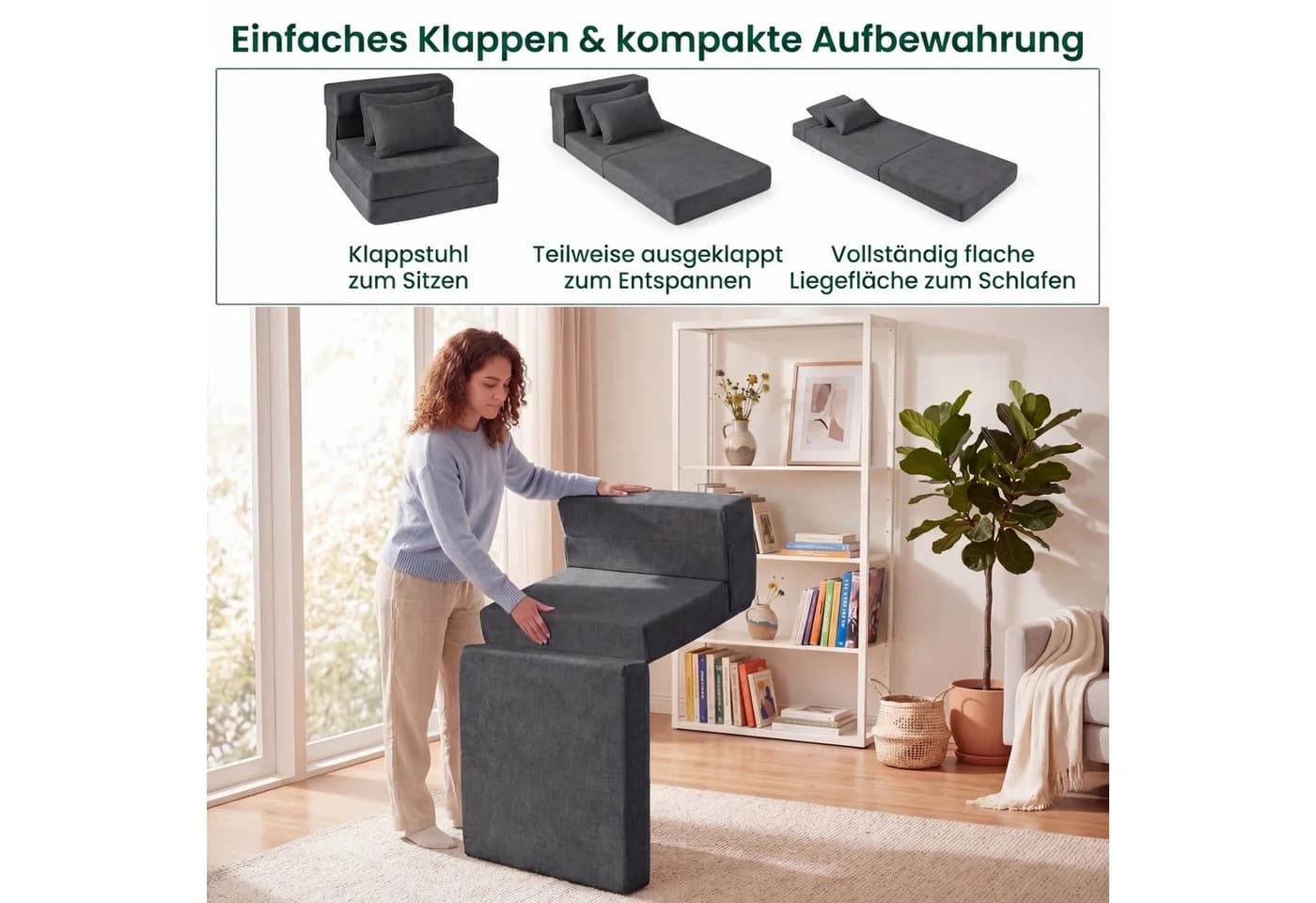 KOMFOTTEU Schlafsofa 3-in-1 Bodensofa Chenille Grau/Beige - Bild 5