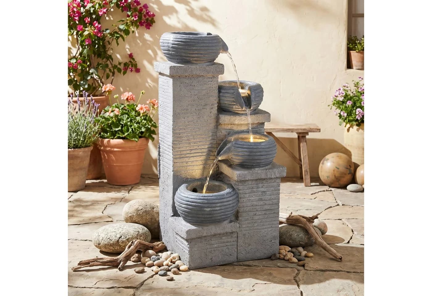 KOMFOTTEU 4-stufiger Gartenbrunnen Grau mit LED & Wasserfall