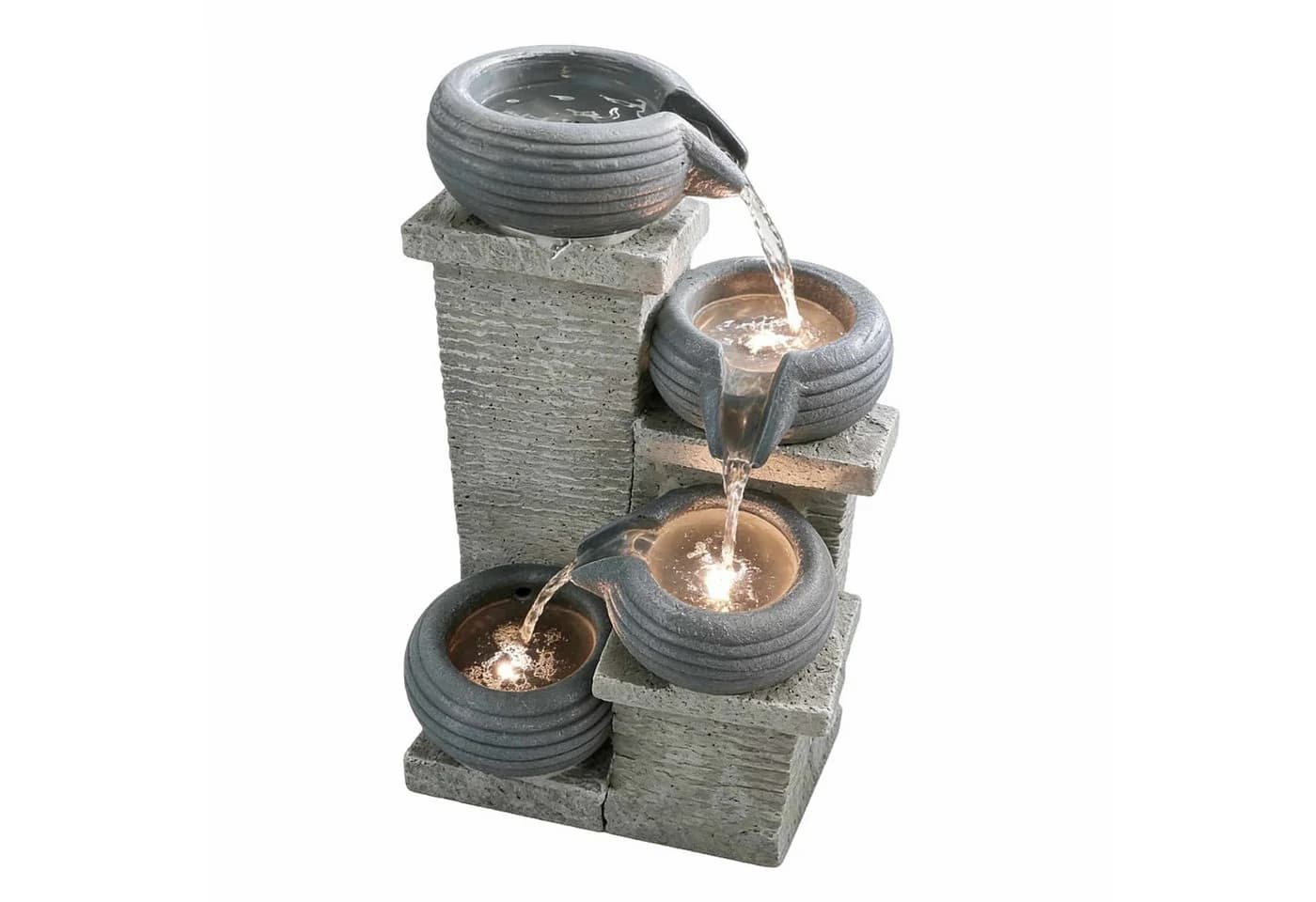 KOMFOTTEU 4-stufiger Gartenbrunnen Grau mit LED & Wasserfall - Bild 2