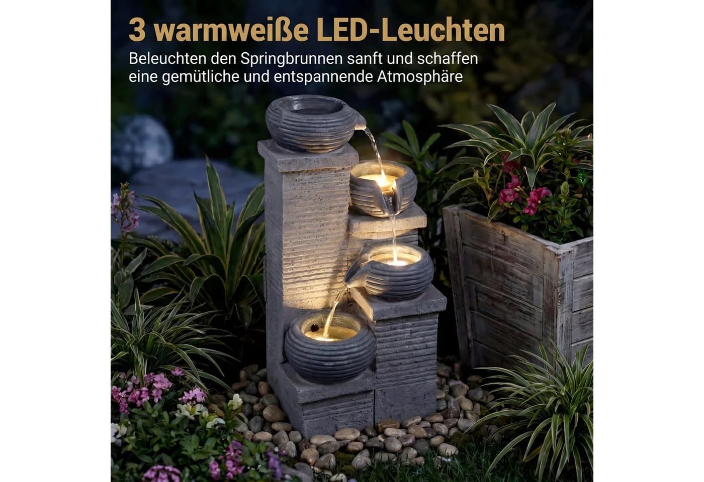 KOMFOTTEU 4-stufiger Gartenbrunnen Grau mit LED & Wasserfall - Bild 3