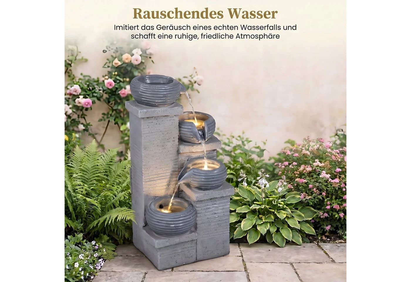 KOMFOTTEU 4-stufiger Gartenbrunnen Grau mit LED & Wasserfall - Bild 4