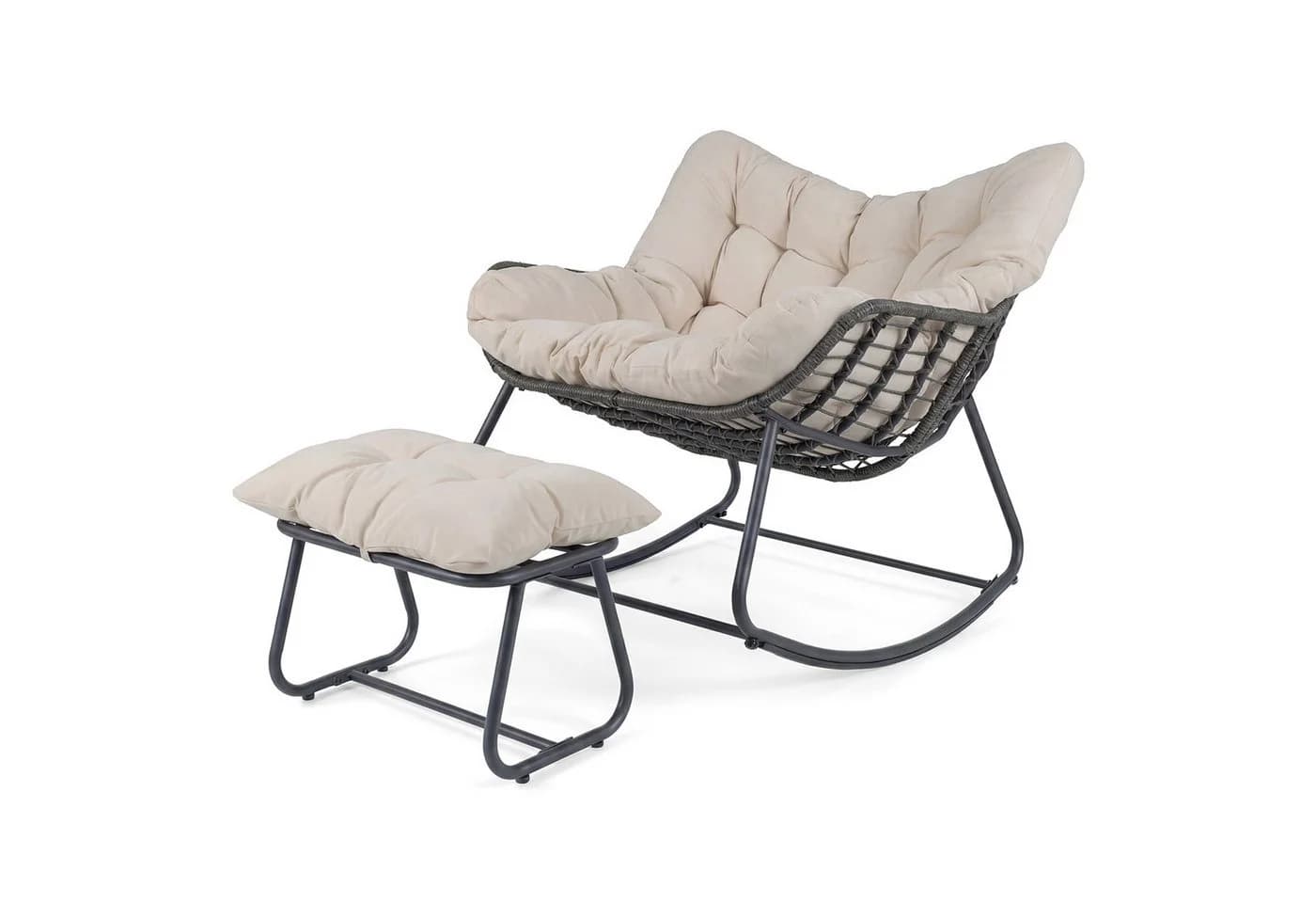 KOMFOTTEU Schaukelstuhl mit Hocker Beige/Grau Schwarz PE-Rattan Metall - Bild 2