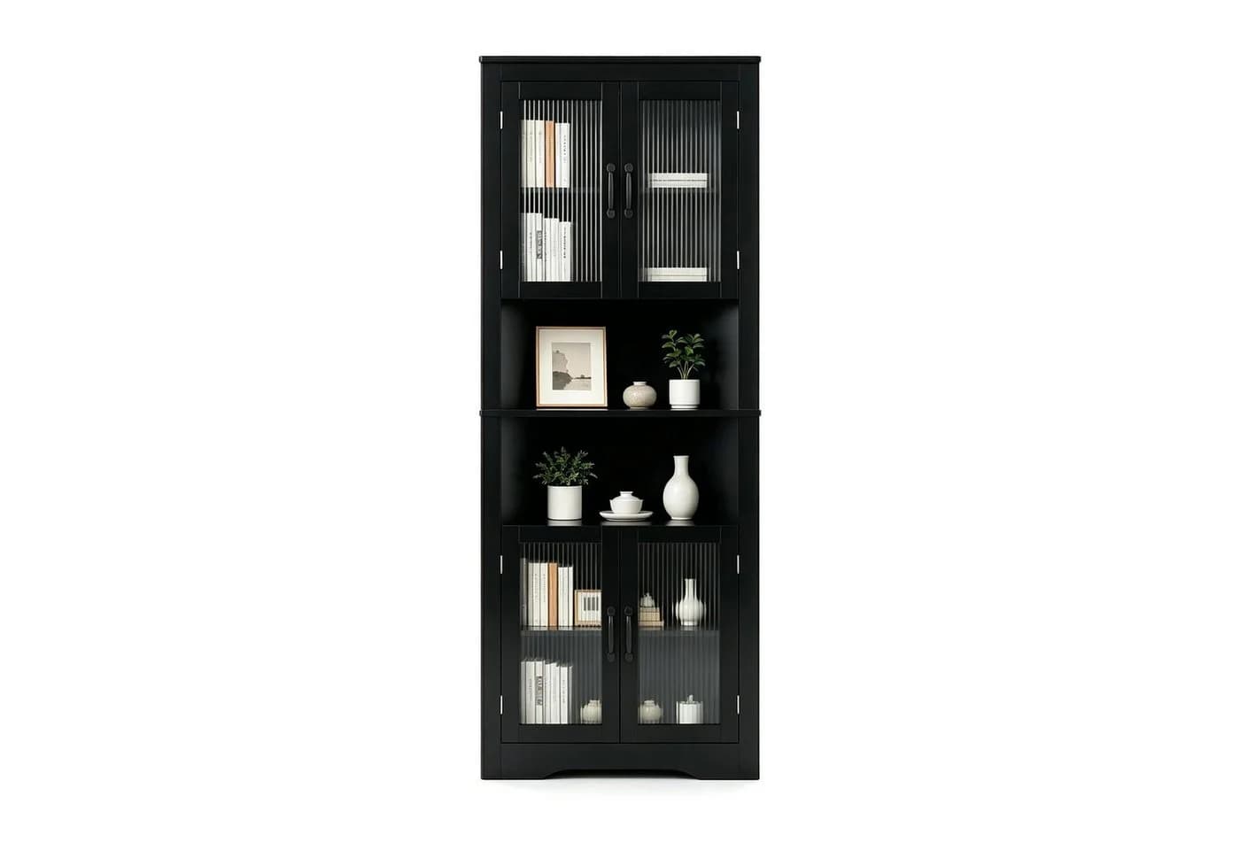 KOMFOTTEU Hochschrank 6-stufiger Eckschrank Weiß/Schwarz mit Glastüren - Bild 2