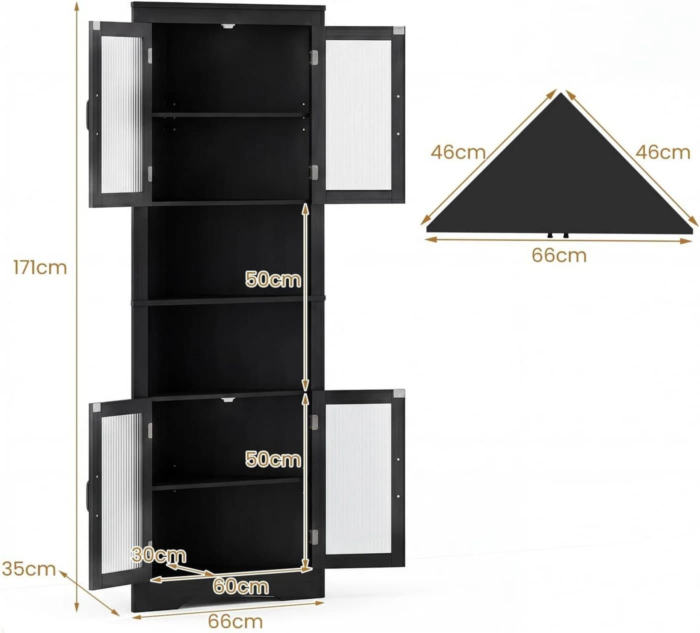 KOMFOTTEU Hochschrank 6-stufiger Eckschrank Weiß/Schwarz mit Glastüren - Bild 3