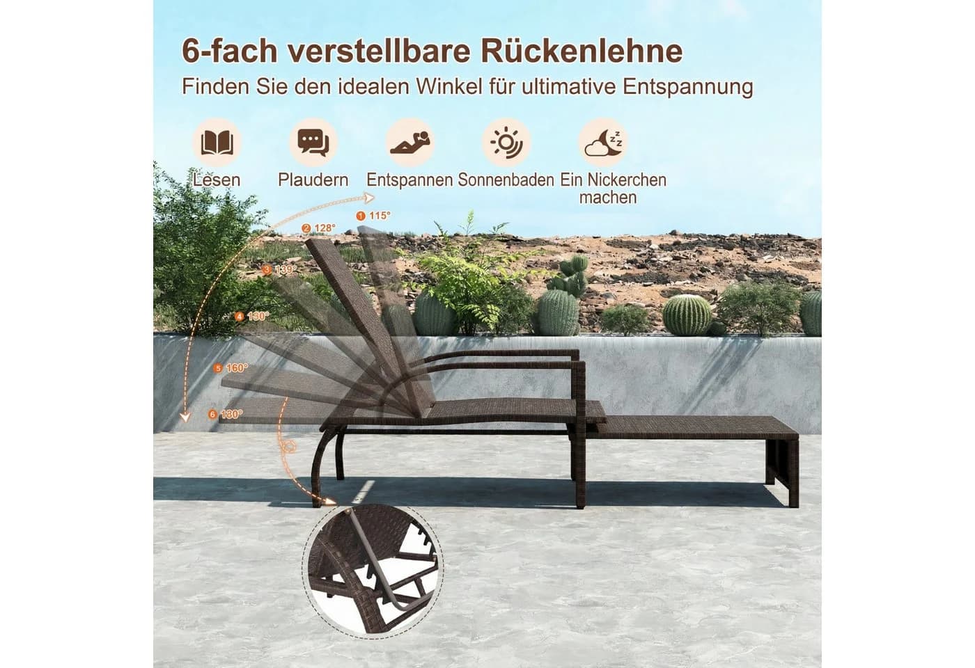 KOMFOTTEU Gartenliege Sonnenliege PE-Rattan Braun mit verstellbarer Rückenlehne - Bild 3