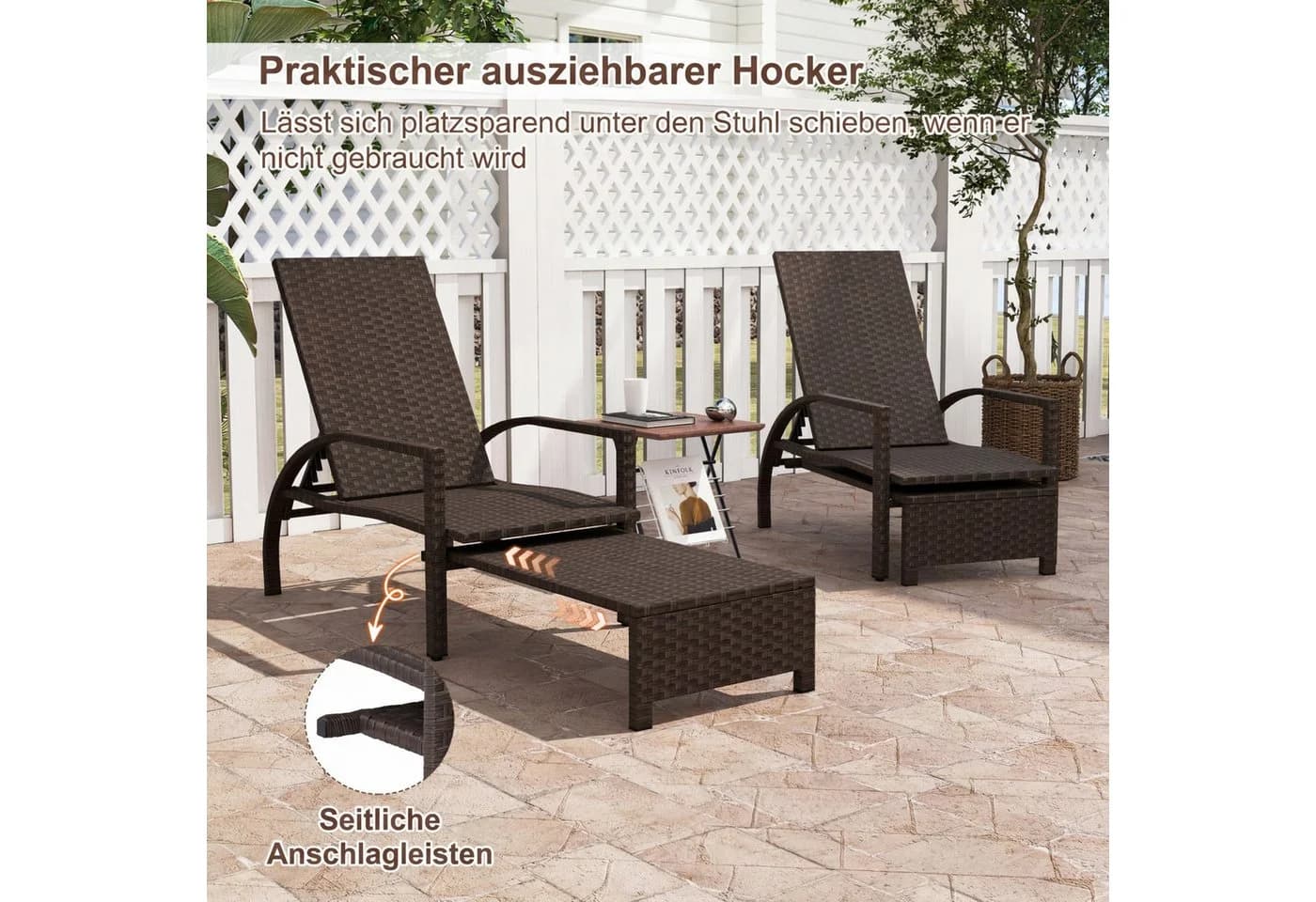 KOMFOTTEU Gartenliege Sonnenliege PE-Rattan Braun mit verstellbarer Rückenlehne - Bild 4