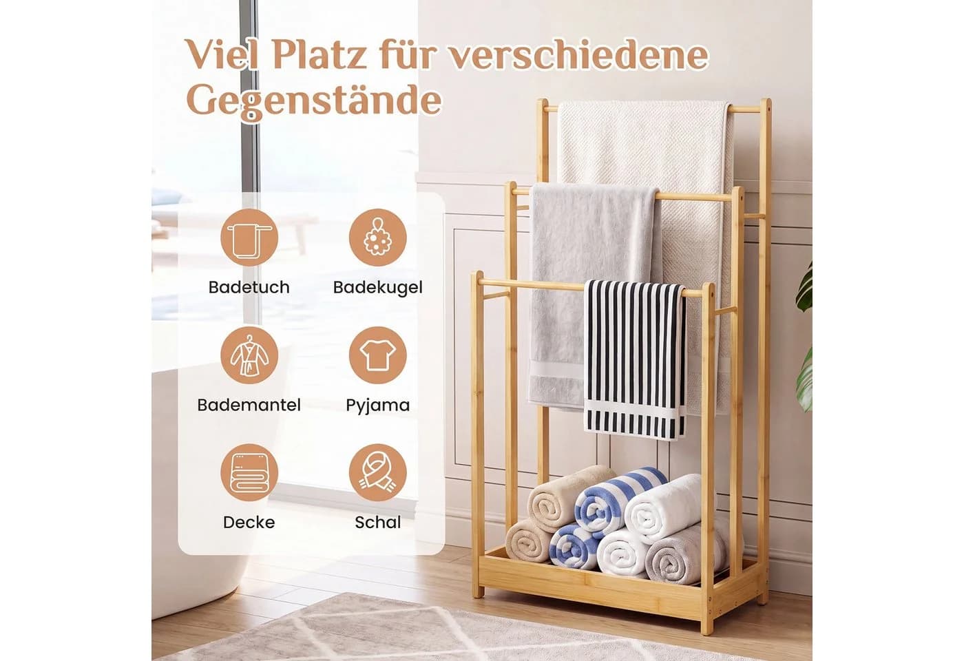 COSTWAY Handtuchhalter stehend Bambus mit 3 Stangen - Bild 3