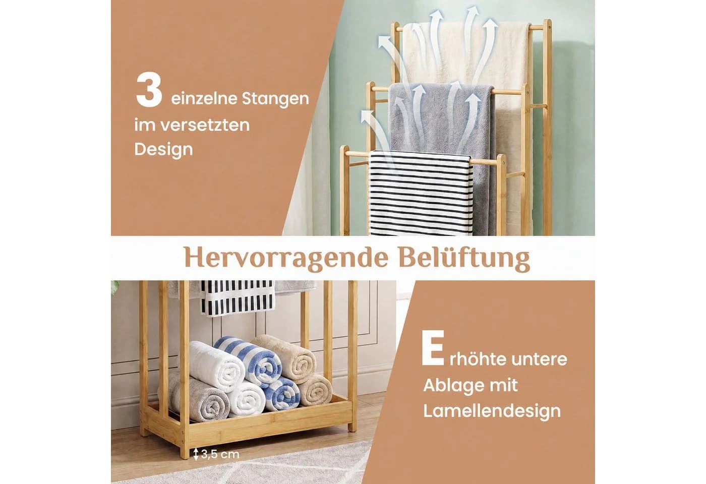 COSTWAY Handtuchhalter stehend Bambus mit 3 Stangen - Bild 4