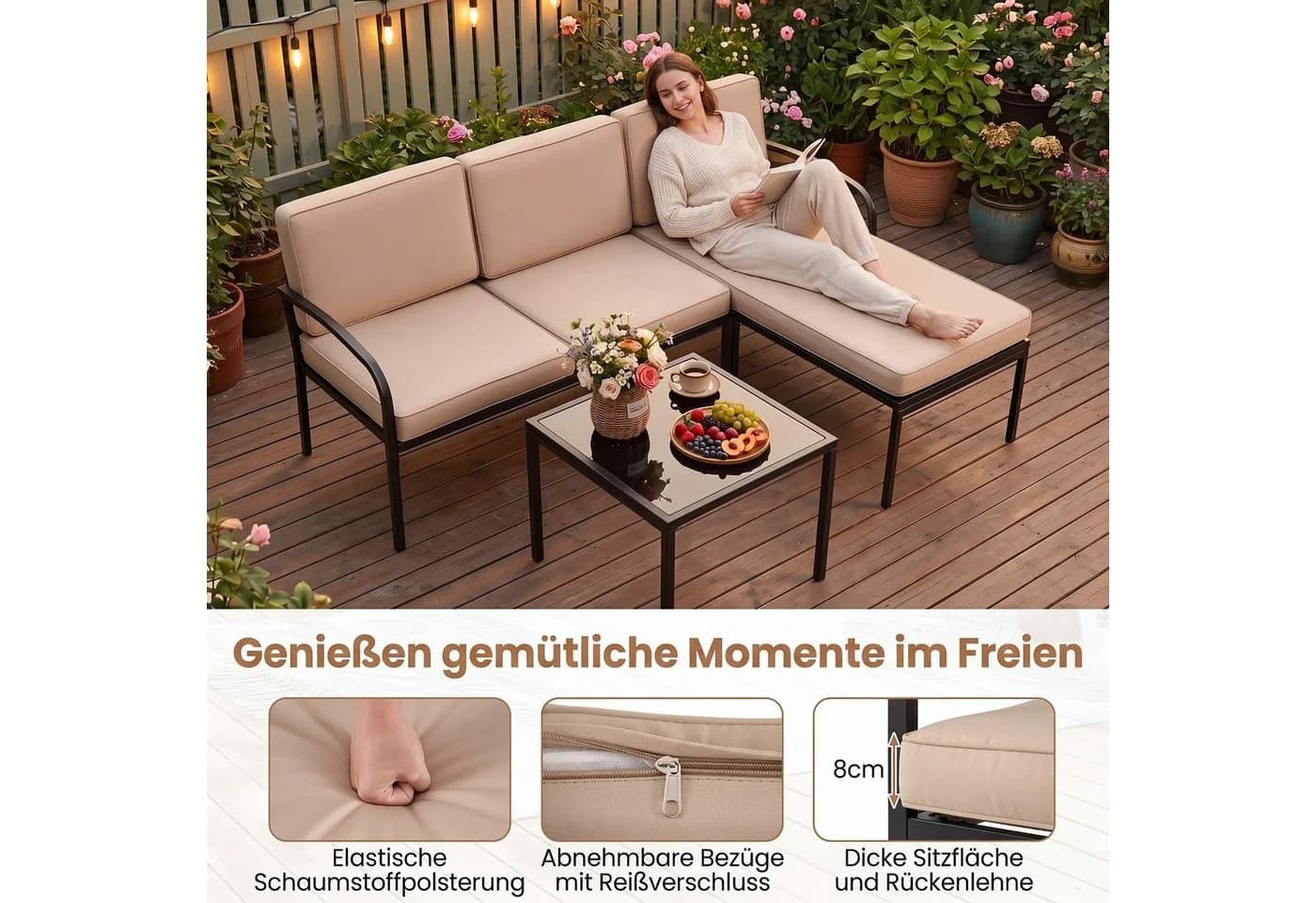 COSTWAY Gartenlounge-Set 3-tlg. Braun Metall mit Kissen