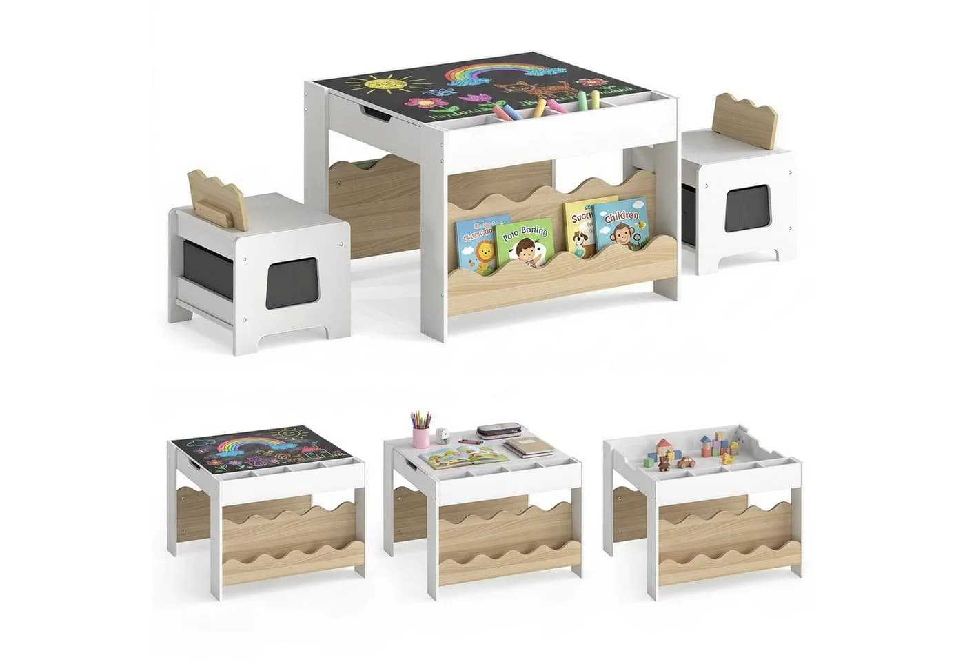 COSTWAY Kindersitzgruppe 3-tlg. Beige Holz mit wendbarer Tafelplatte - Bild 2