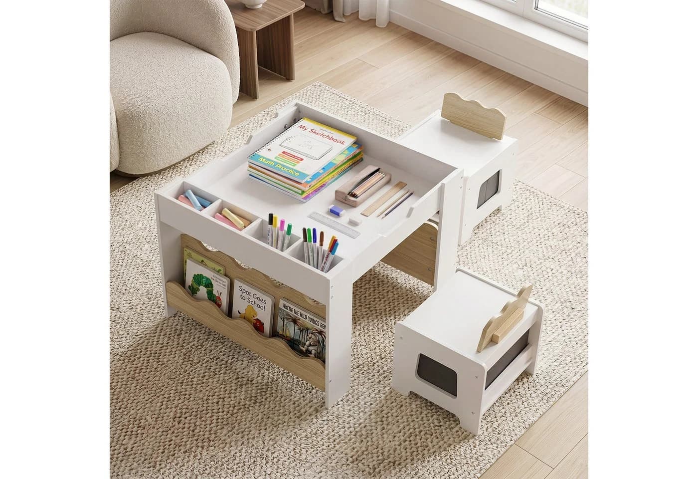 COSTWAY Kindersitzgruppe 3-tlg. Beige Holz mit wendbarer Tafelplatte - Bild 3