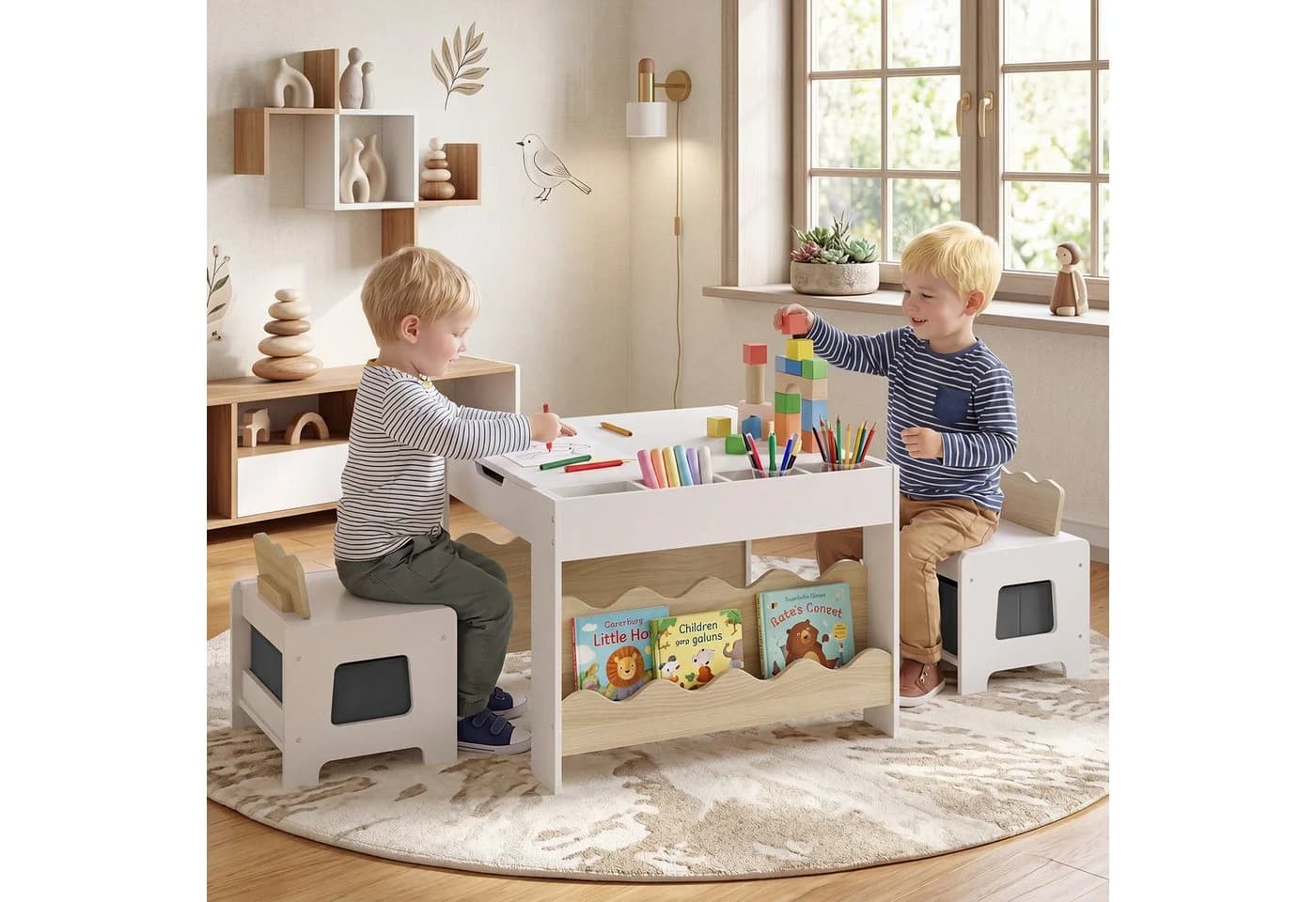 COSTWAY Kindersitzgruppe 3-tlg. Beige Holz mit wendbarer Tafelplatte - Bild 4