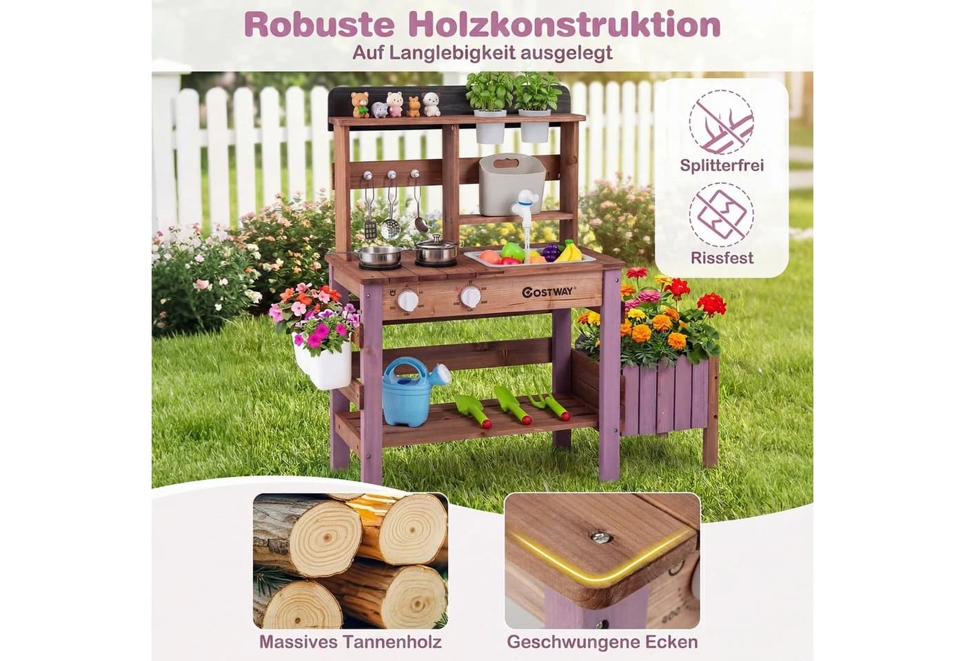COSTWAY Outdoor-Spielküche Tannenholz Braun/Violett mit Wasserhahn