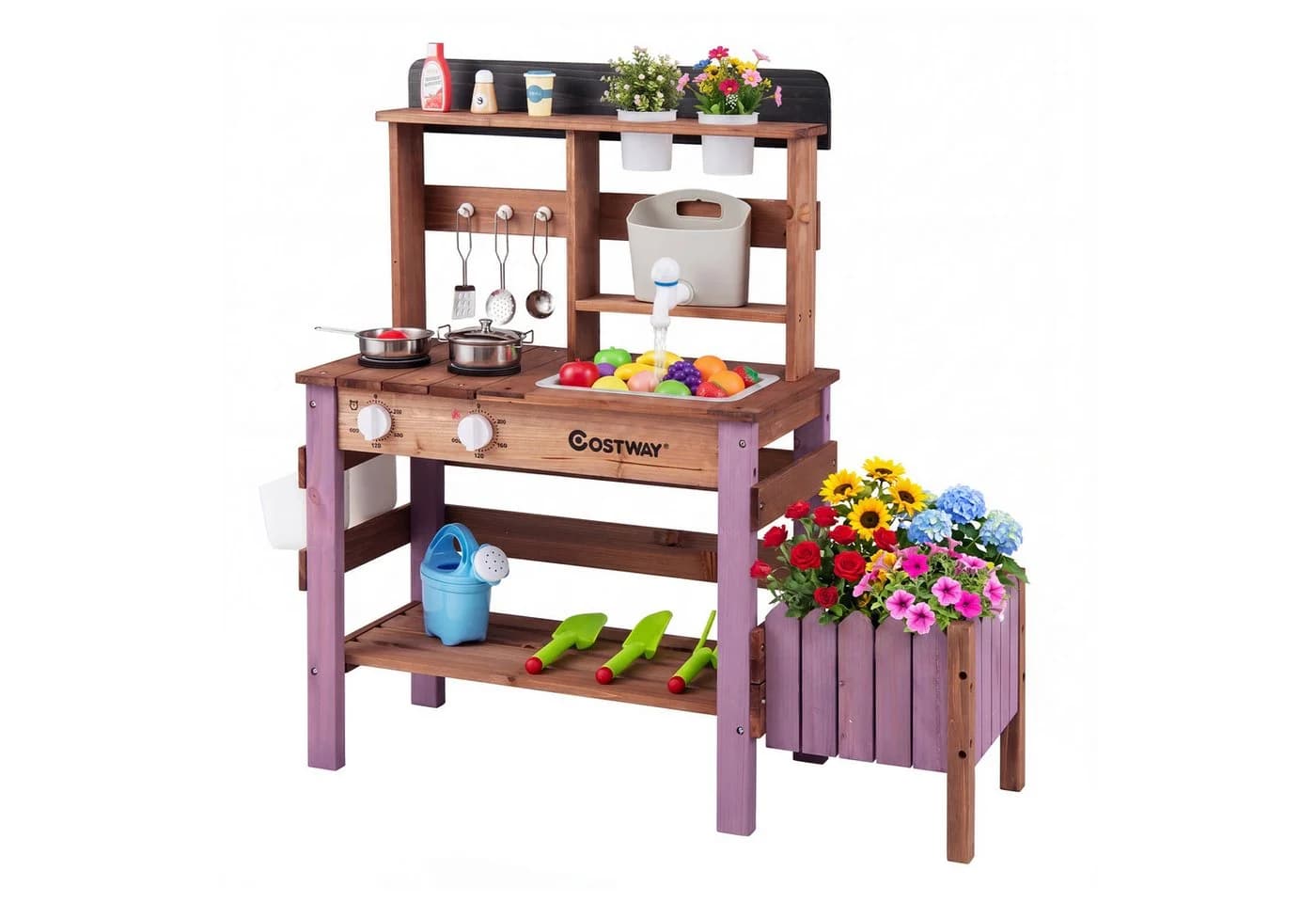 COSTWAY Outdoor-Spielküche Tannenholz Braun/Violett mit Wasserhahn - Bild 2