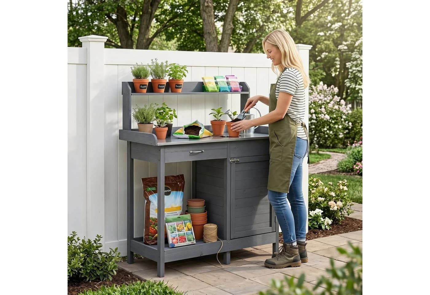 COSTWAY Pflanztisch Grau Tannenholz mit Schublade und Regal