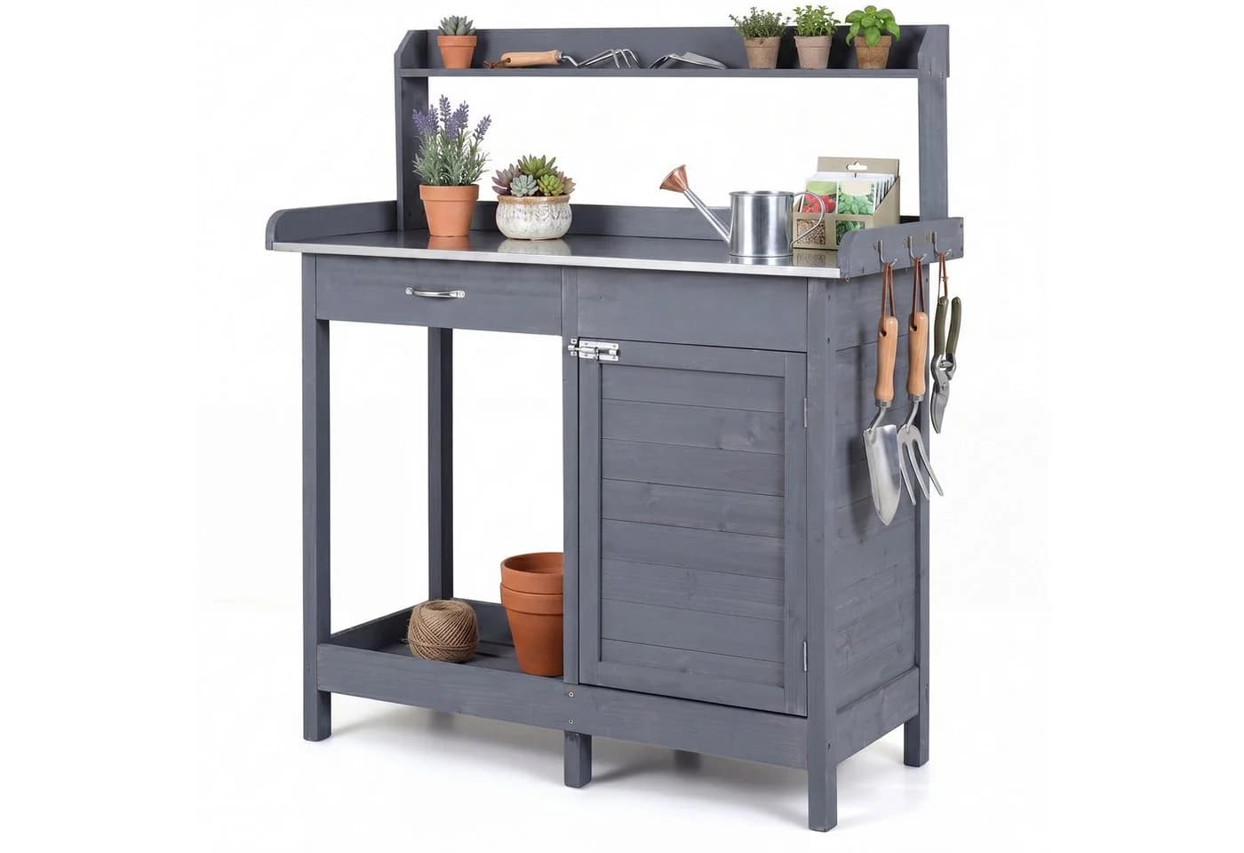 COSTWAY Pflanztisch Grau Tannenholz mit Schublade und Regal - Bild 2