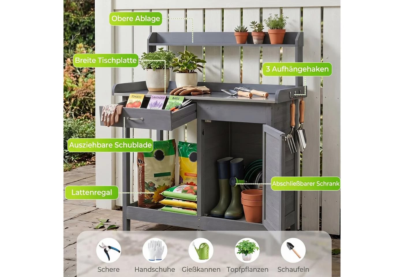 COSTWAY Pflanztisch Grau Tannenholz mit Schublade und Regal - Bild 4