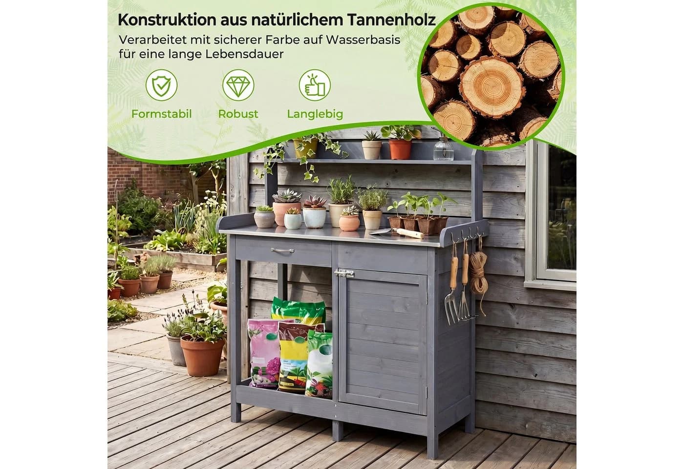 COSTWAY Pflanztisch Grau Tannenholz mit Schublade und Regal - Bild 5