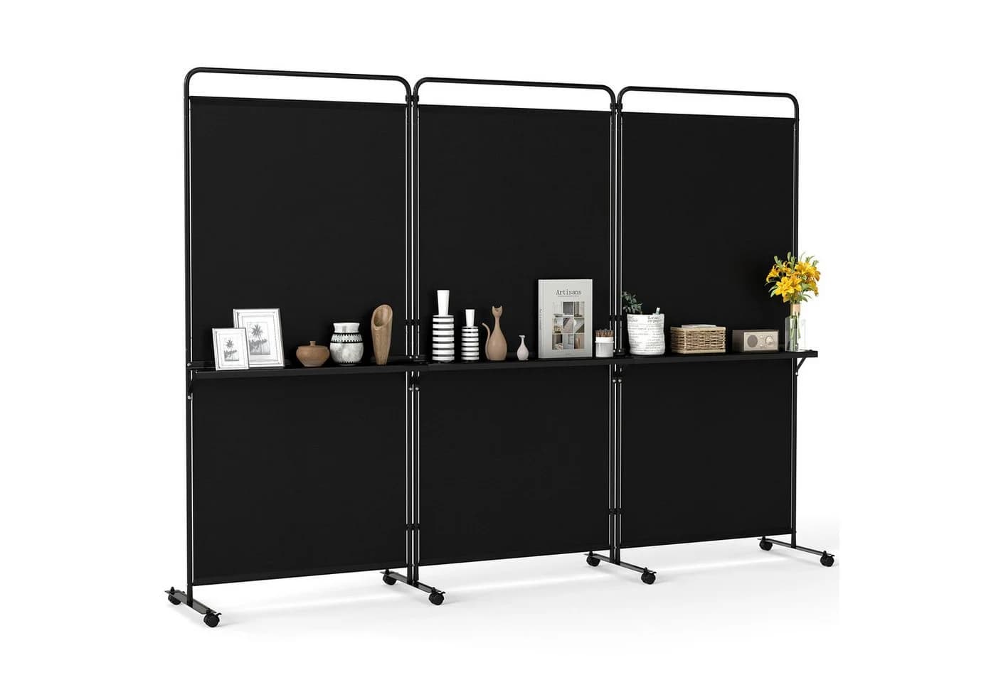 COSTWAY Paravent 3-teilig mit Regalen und Rollen - Bild 2
