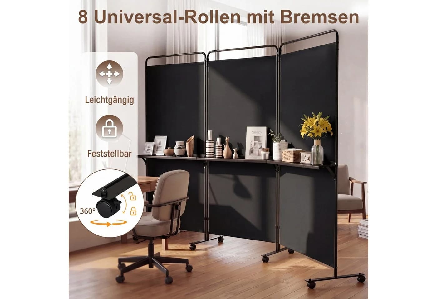 COSTWAY Paravent 3-teilig mit Regalen und Rollen - Bild 4