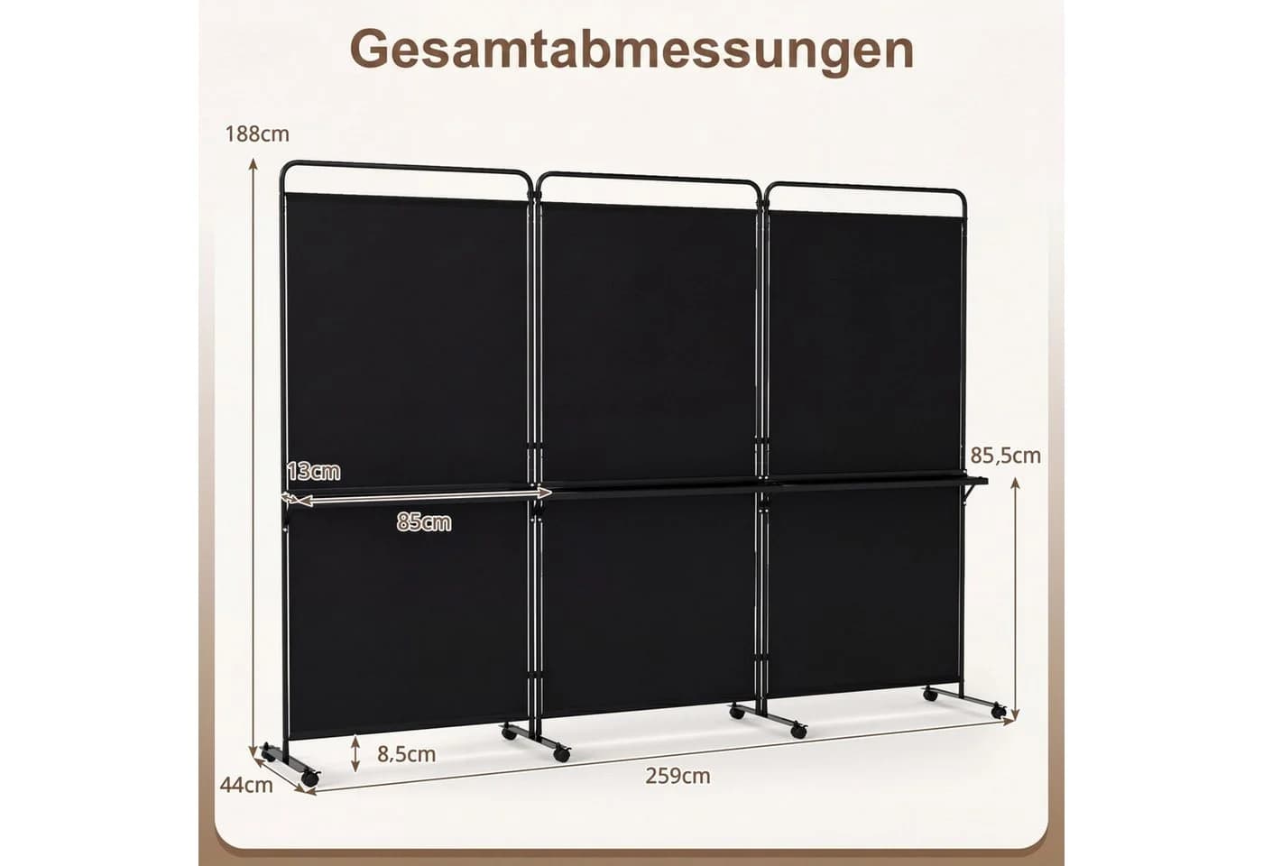 COSTWAY Paravent 3-teilig mit Regalen und Rollen - Bild 5