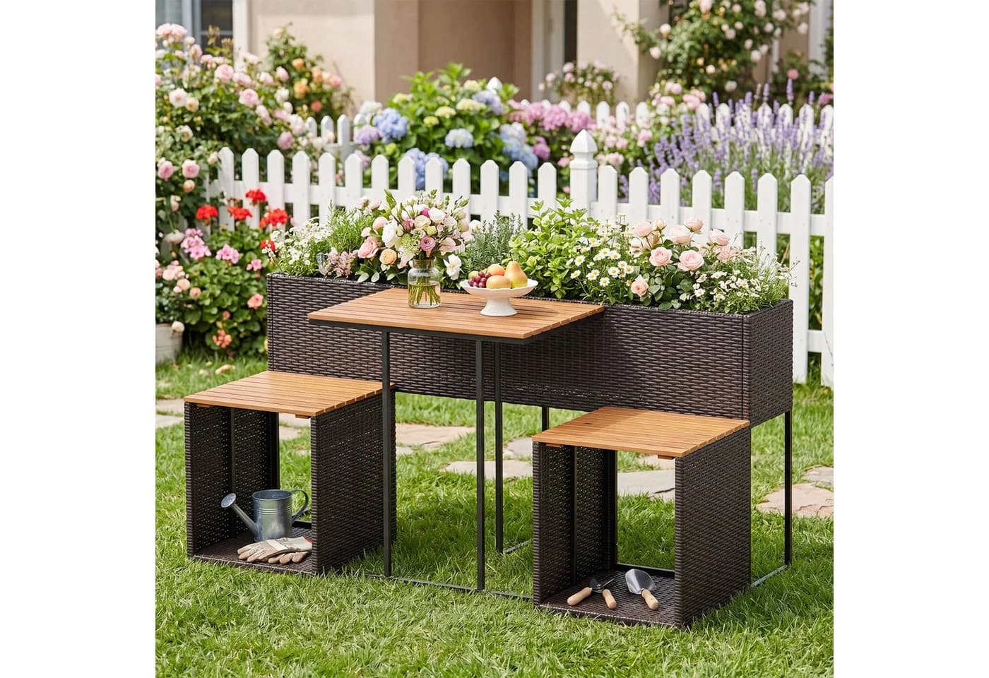 COSTWAY Balkonset mit Hochbeet, Tisch & 2 Stühlen PE-Rattan
