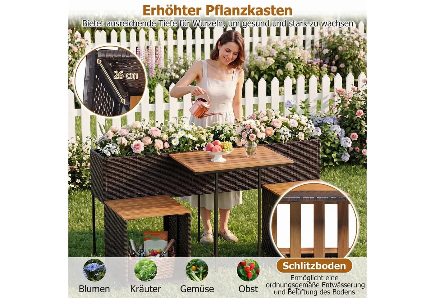 COSTWAY Balkonset mit Hochbeet, Tisch & 2 Stühlen PE-Rattan - Bild 3