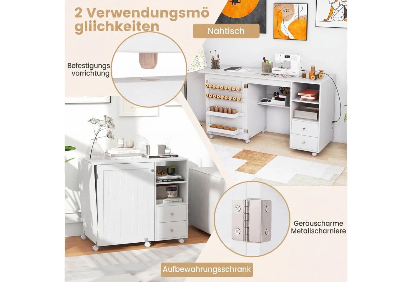 COSTWAY Nähtisch mit Ladestation, klappbar und ausziehbar, weiß