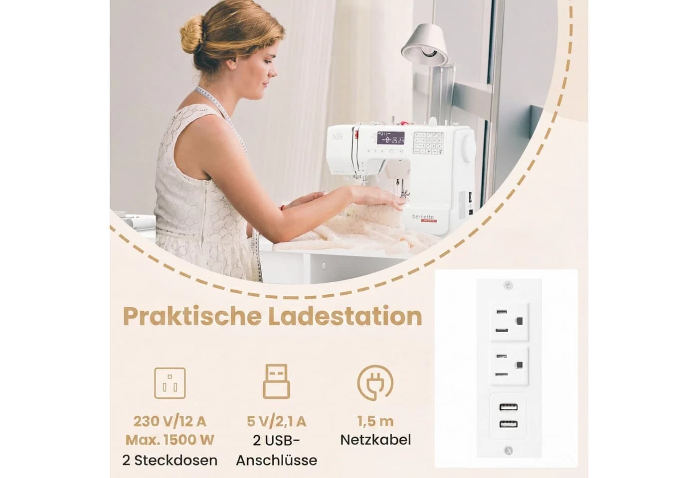 COSTWAY Nähtisch mit Ladestation, klappbar und ausziehbar, weiß - Bild 4
