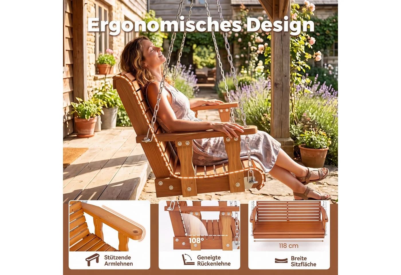 COSTWAY Hollywoodschaukel Hängebank Outdoor 2-Sitzer Natur Tannenholz - Bild 3