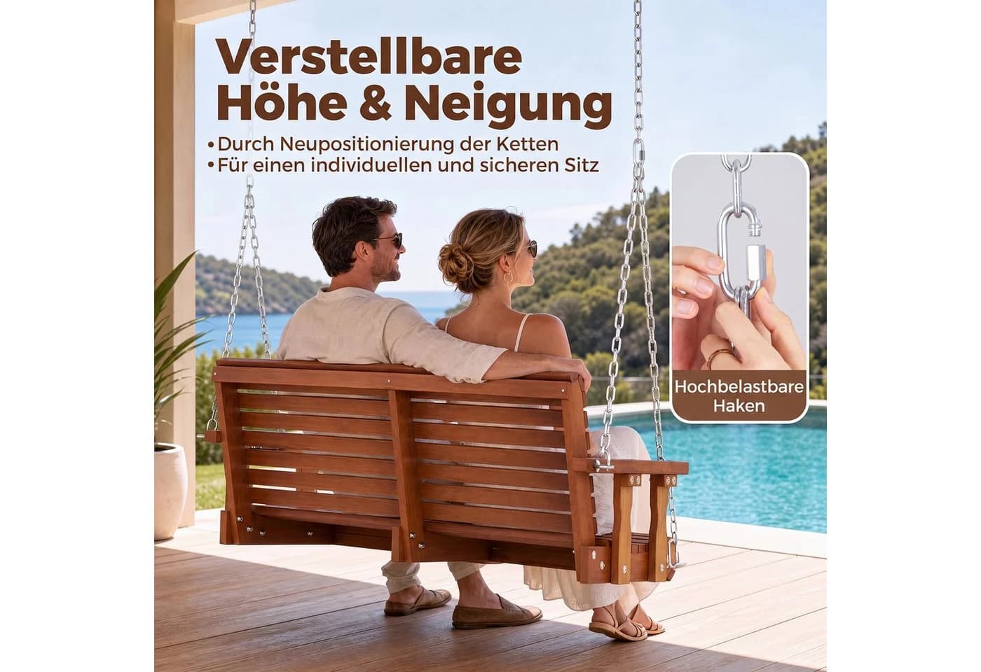 COSTWAY Hollywoodschaukel Hängebank Outdoor 2-Sitzer Natur Tannenholz - Bild 5