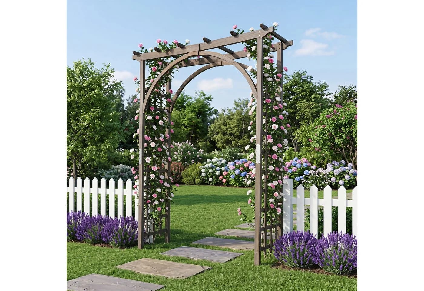 COSTWAY Rosenbogen Gartenbogen Holz Dunkelbraun mit Dach