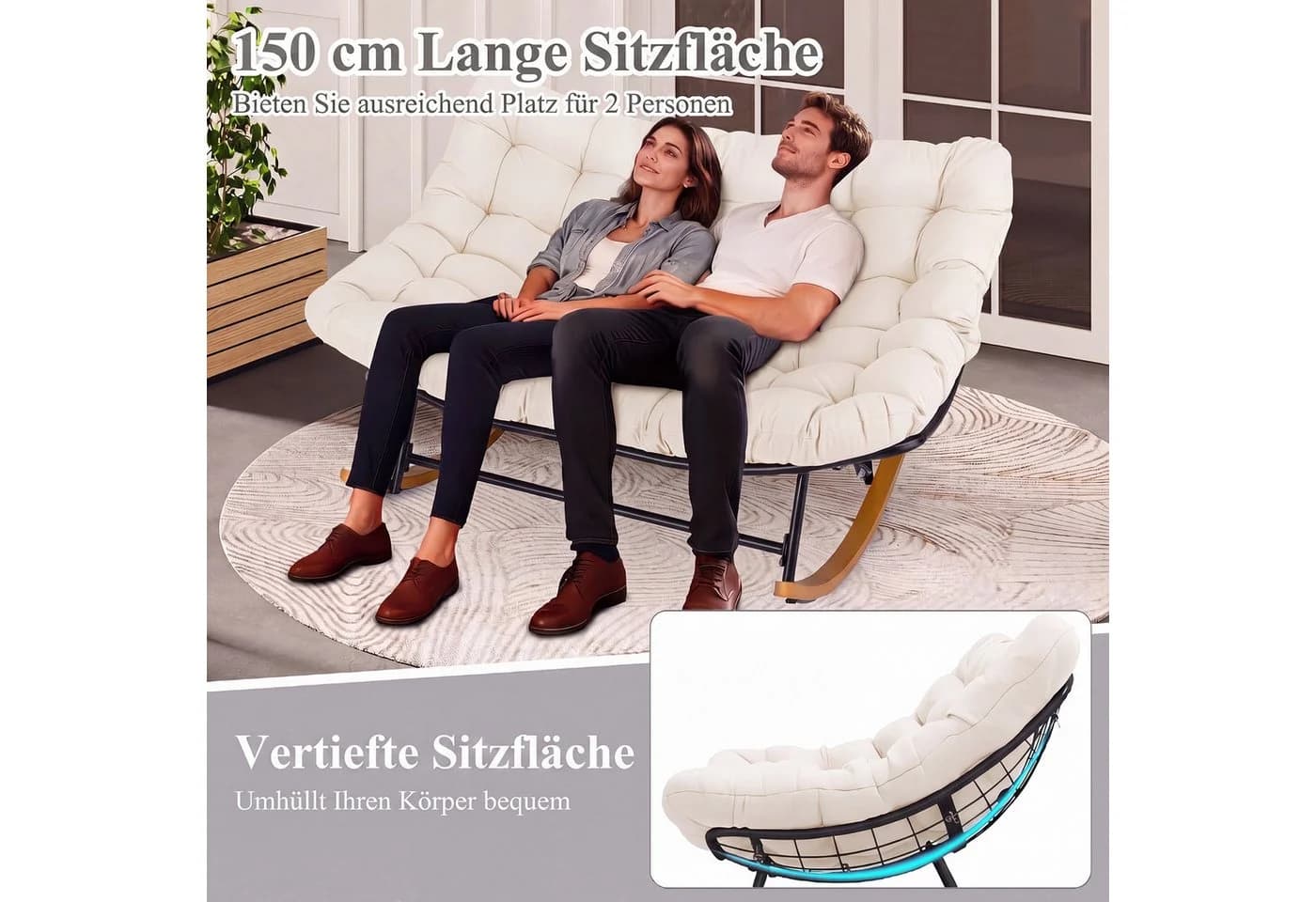 COSTWAY Loungesessel Schaukelsessel 2 Personen Beige Metall - Bild 4