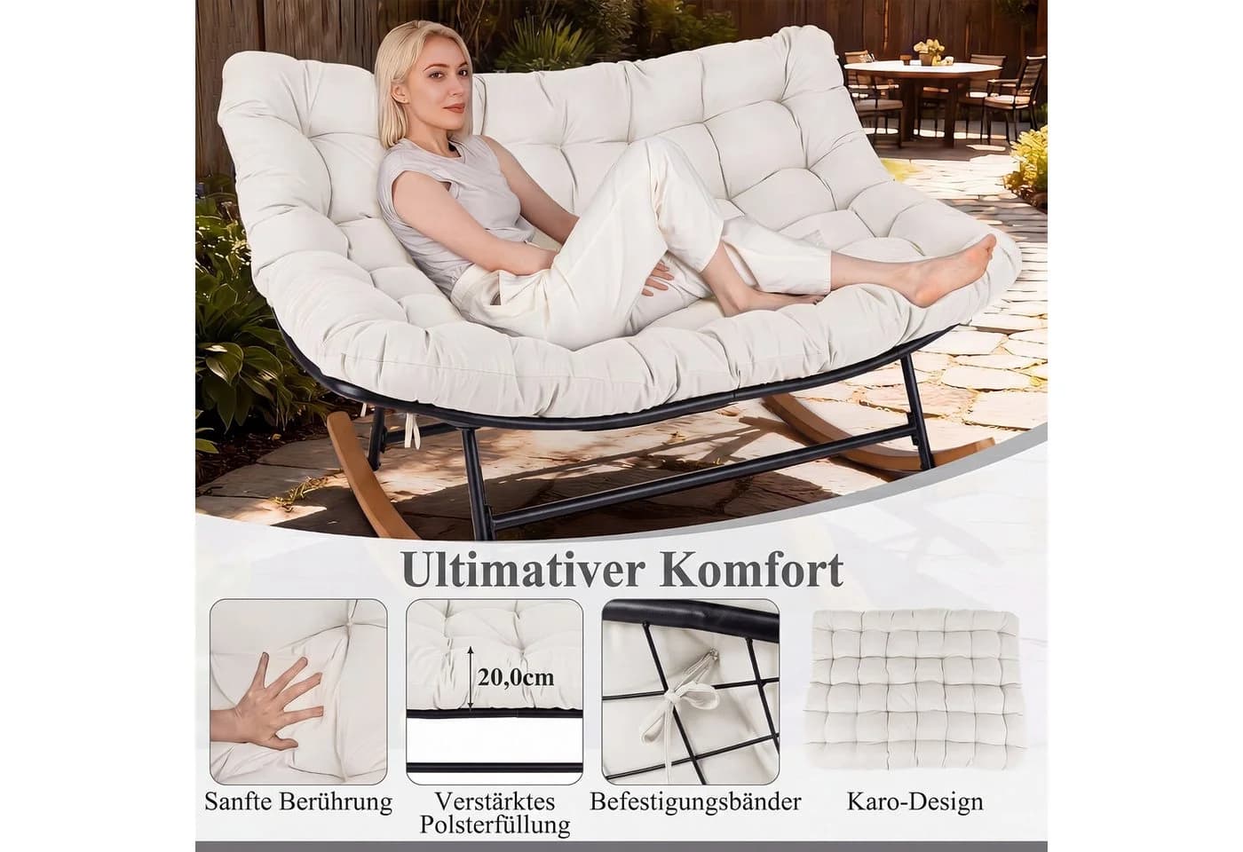 COSTWAY Loungesessel Schaukelsessel 2 Personen Beige Metall - Bild 5