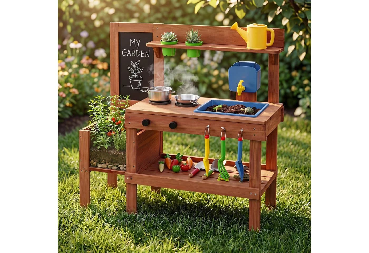 COSTWAY Outdoor-Spielküche Holz mit Pflanzkasten und Spülbecken
