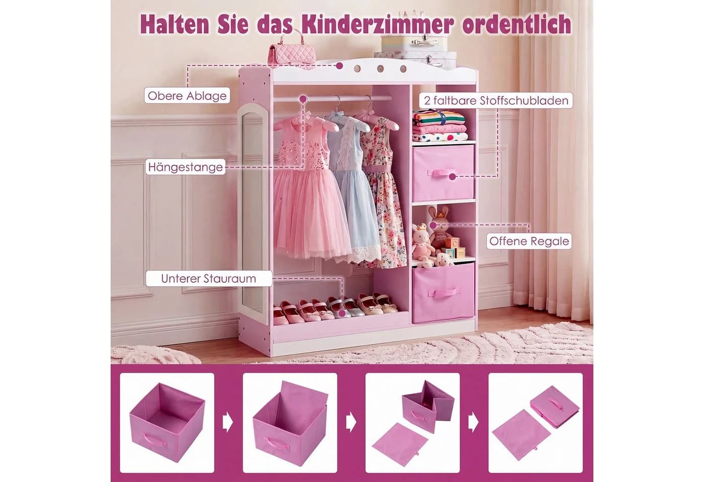 COSTWAY Kindergarderobe mit Spiegel Rosa/Weiß - Bild 3