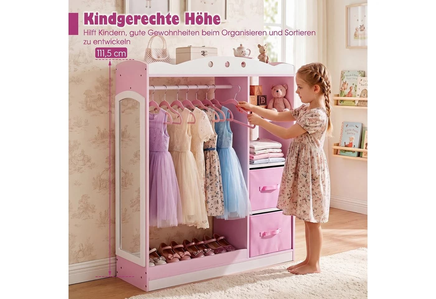 COSTWAY Kindergarderobe mit Spiegel Rosa/Weiß - Bild 4