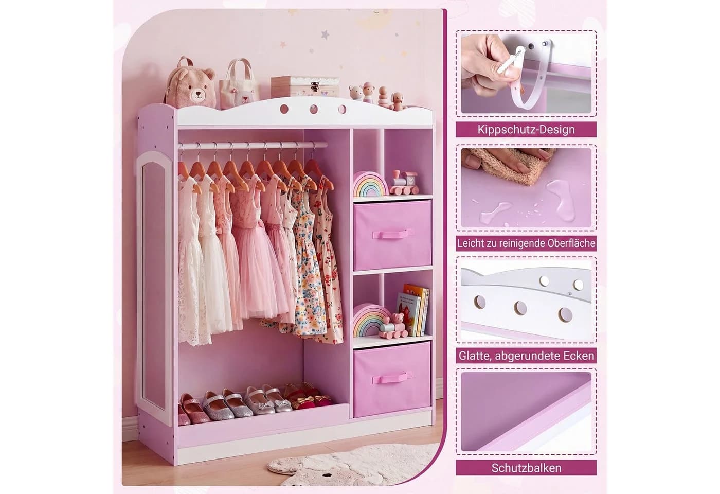 COSTWAY Kindergarderobe mit Spiegel Rosa/Weiß - Bild 5