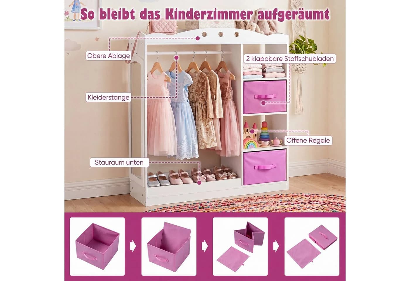 COSTWAY Kleiderständer Kindergarderobe mit Spiegel Rosa/Weiß - Bild 3