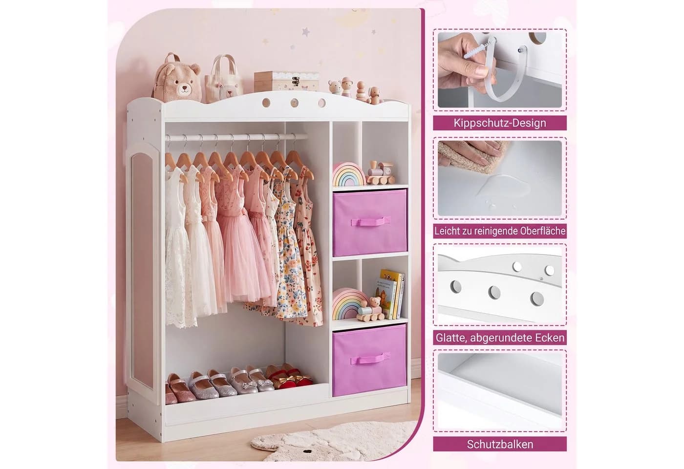 COSTWAY Kleiderständer Kindergarderobe mit Spiegel Rosa/Weiß - Bild 4