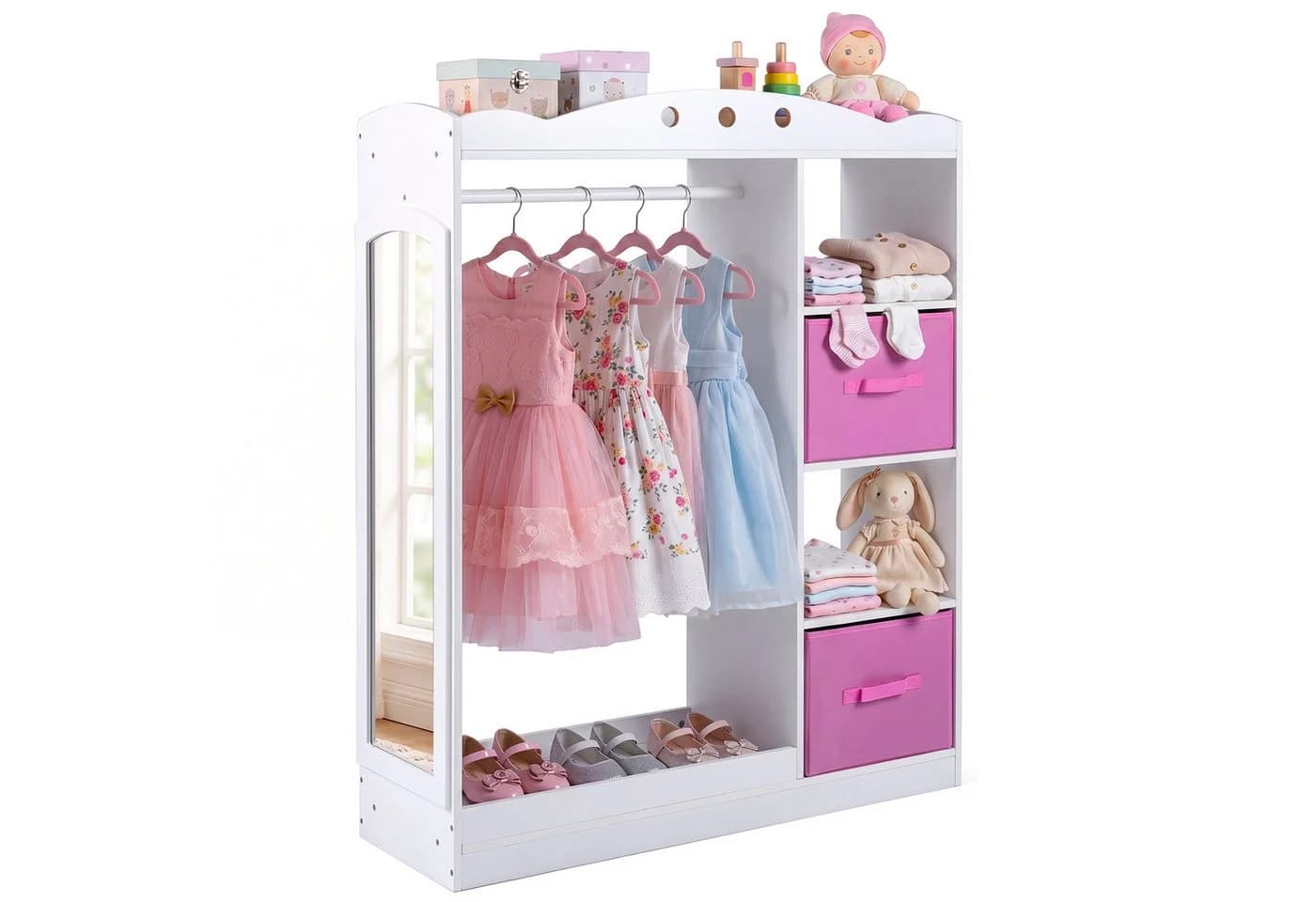 COSTWAY Kleiderständer Kindergarderobe mit Spiegel Rosa/Weiß - Bild 5