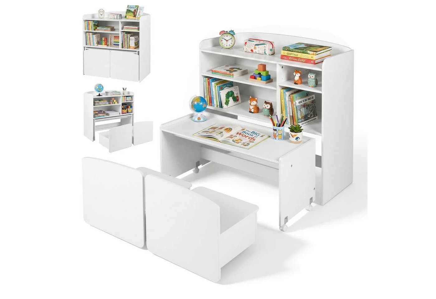 COSTWAY Kindertisch 3-in-1 Kinderregal mit Rollen, 2 Stühle Weiß - Bild 2