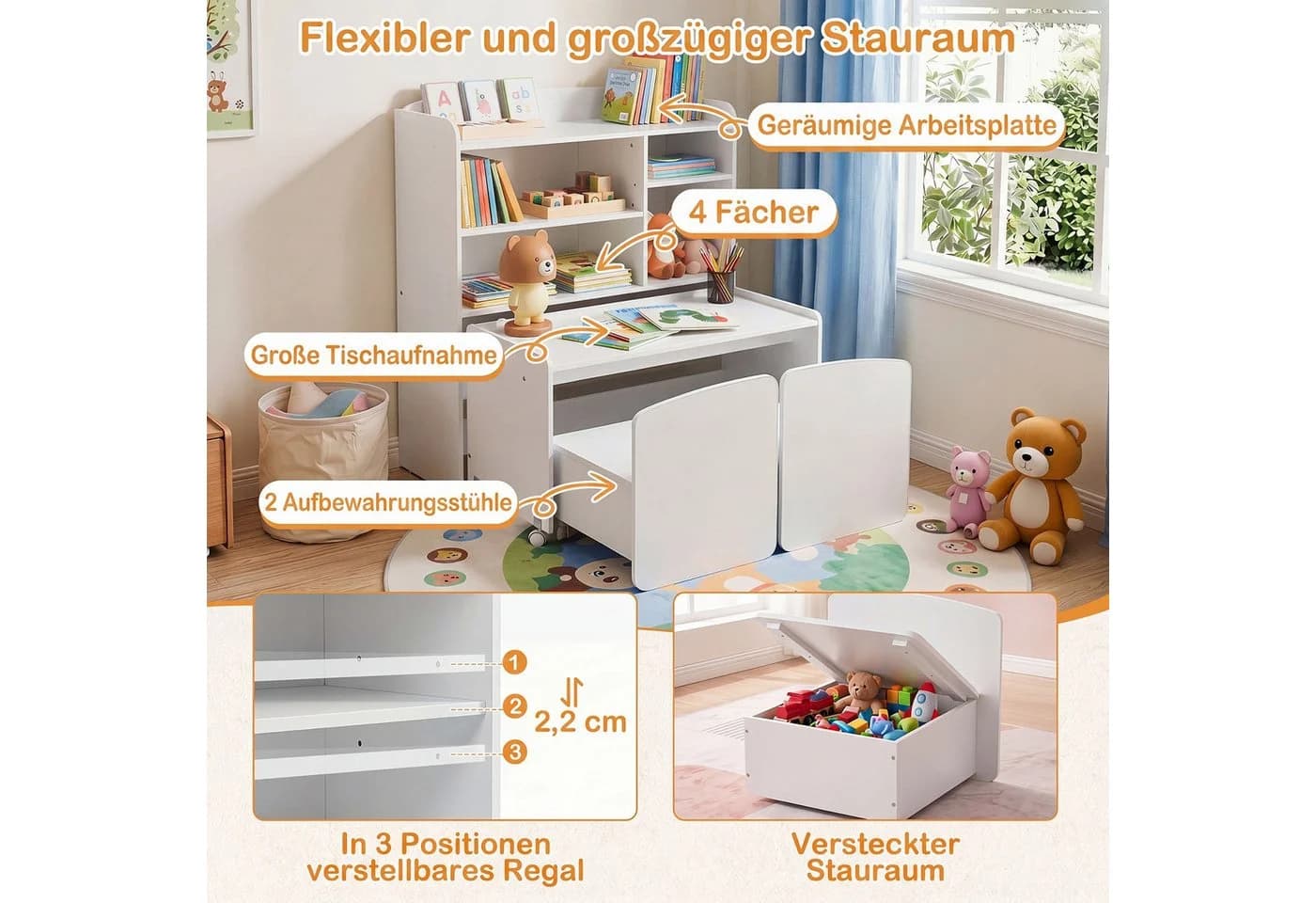 COSTWAY Kindertisch 3-in-1 Kinderregal mit Rollen, 2 Stühle Weiß - Bild 3