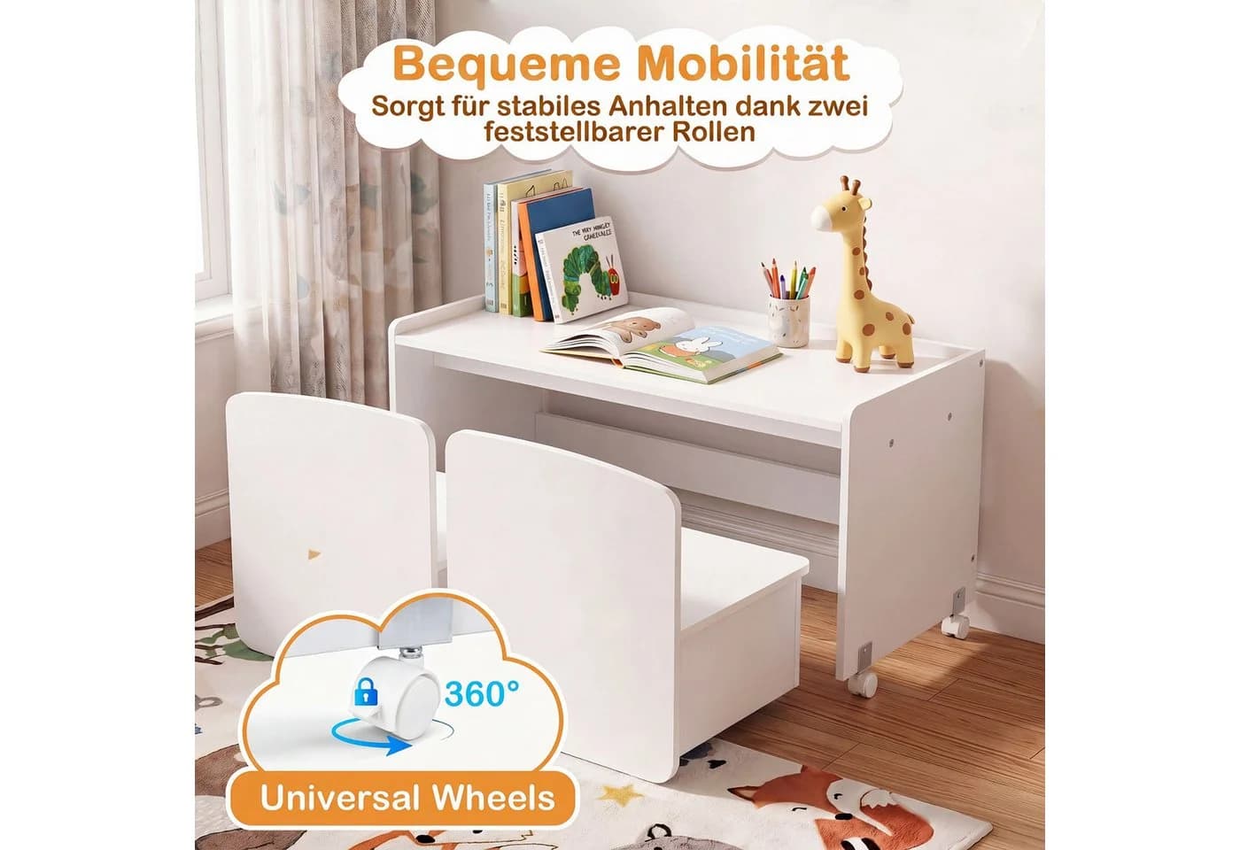 COSTWAY Kindertisch 3-in-1 Kinderregal mit Rollen, 2 Stühle Weiß - Bild 4