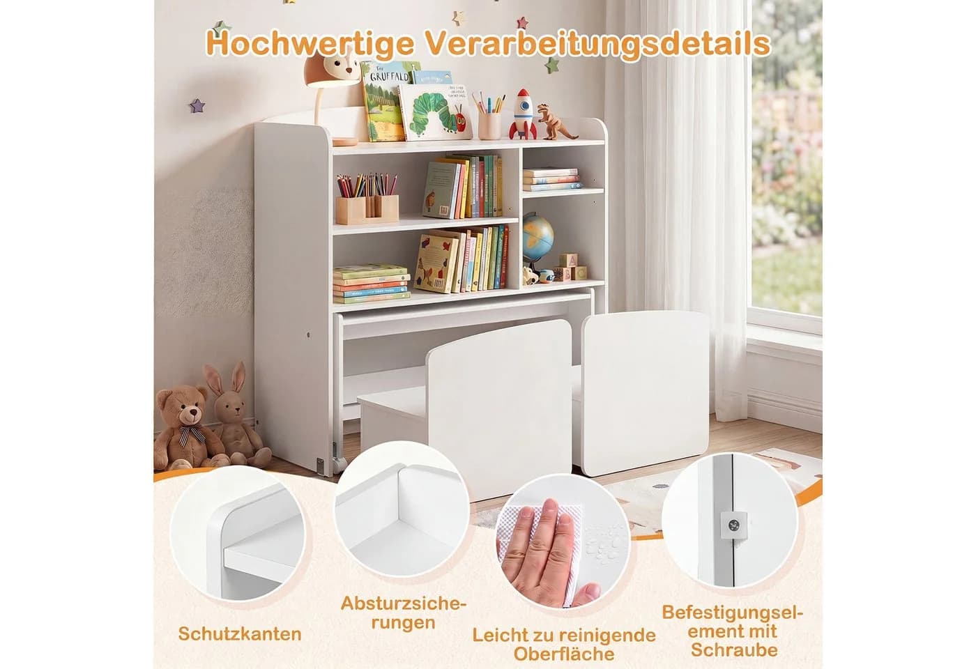 COSTWAY Kindertisch 3-in-1 Kinderregal mit Rollen, 2 Stühle Weiß - Bild 5