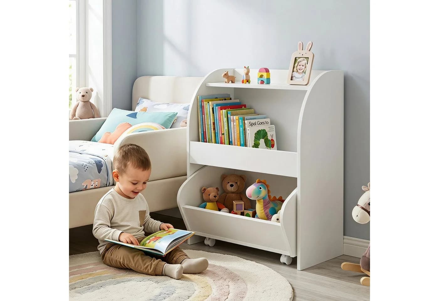 COSTWAY Kinderregal Weiß/Naturholz mit Schublade auf Rollen