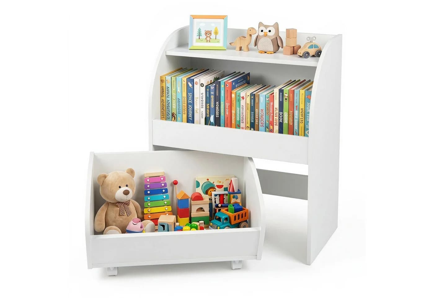 COSTWAY Kinderregal Weiß/Naturholz mit Schublade auf Rollen - Bild 2