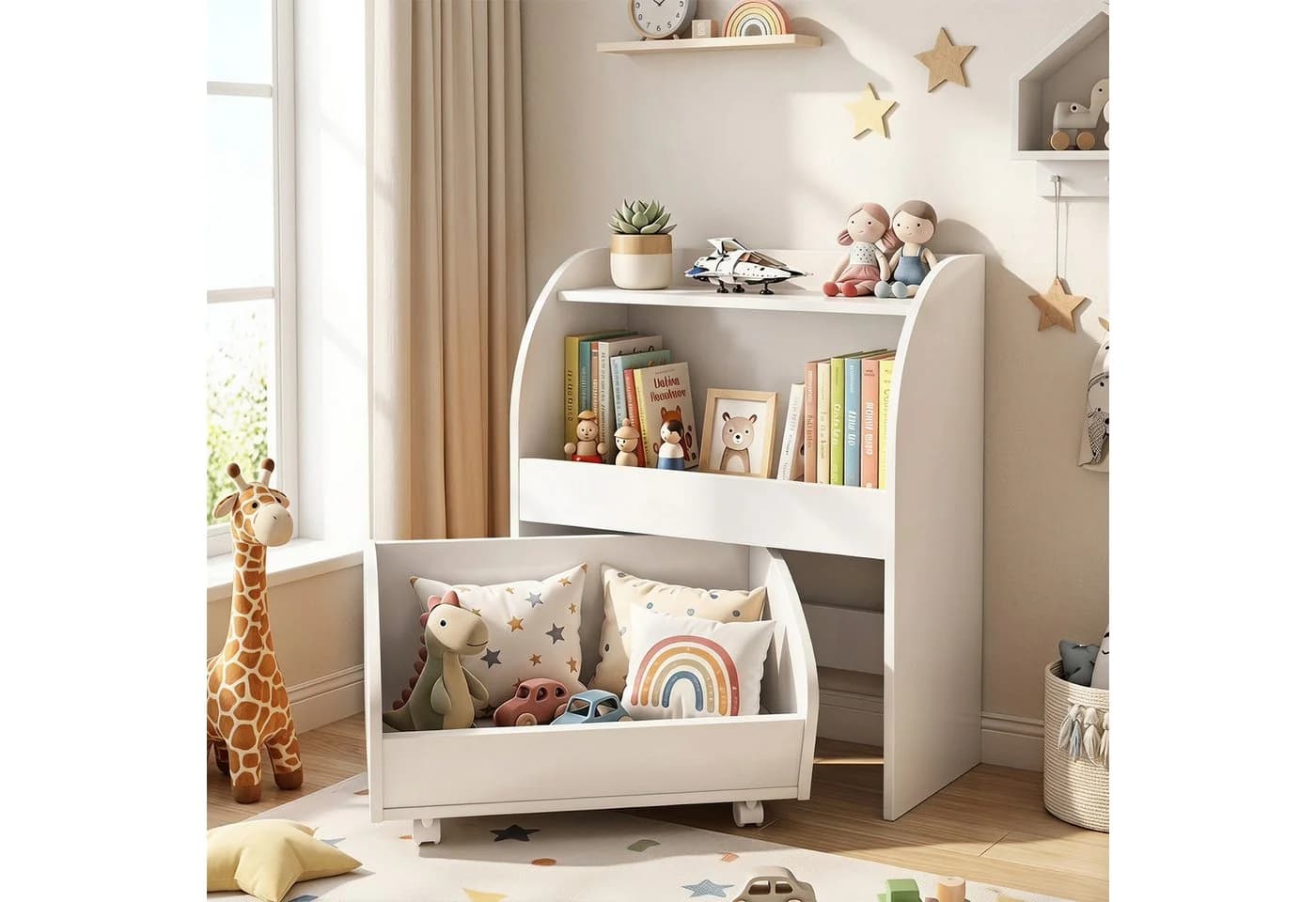 COSTWAY Kinderregal Weiß/Naturholz mit Schublade auf Rollen - Bild 3
