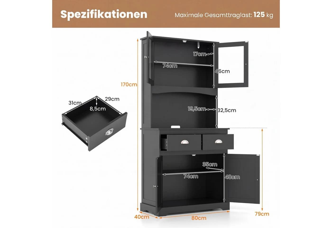 COSTWAY Küchenbuffet Schwarz mit verstellbaren Regalen und Schubladen - Bild 3